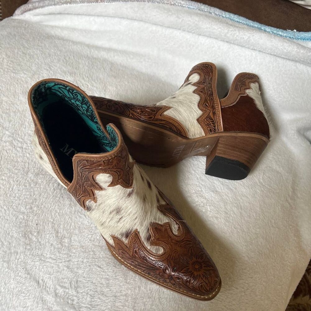 Myra Frisco Falls Hair-on Hide & Hand tooled Western Ankle Boots Women's 8 - Picture 2 of 8